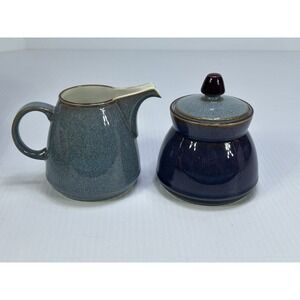 RARE Denby STORM Plum Purple & Grey Blue Sugar Bowl  Lid & Creamer